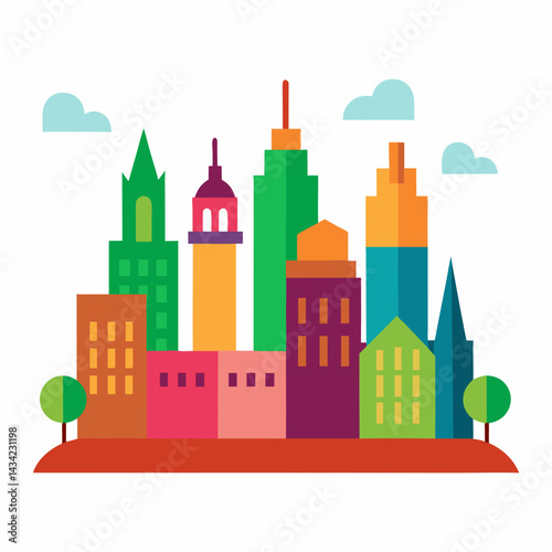 Colorful Cityscape Illustration With Geometric Buildings Trees And Clouds