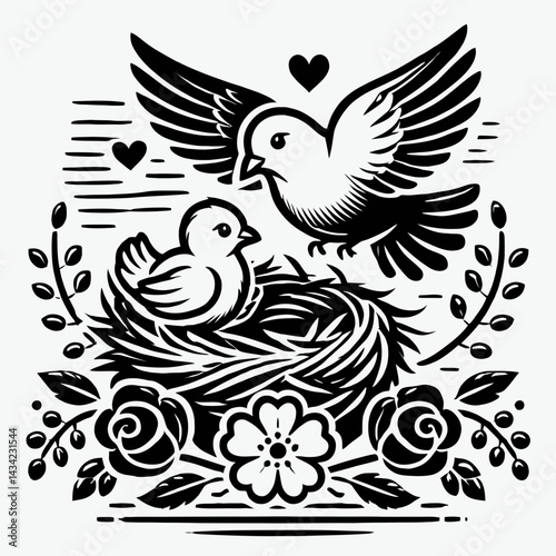Dove and Chick Nestled Safely in a Nest