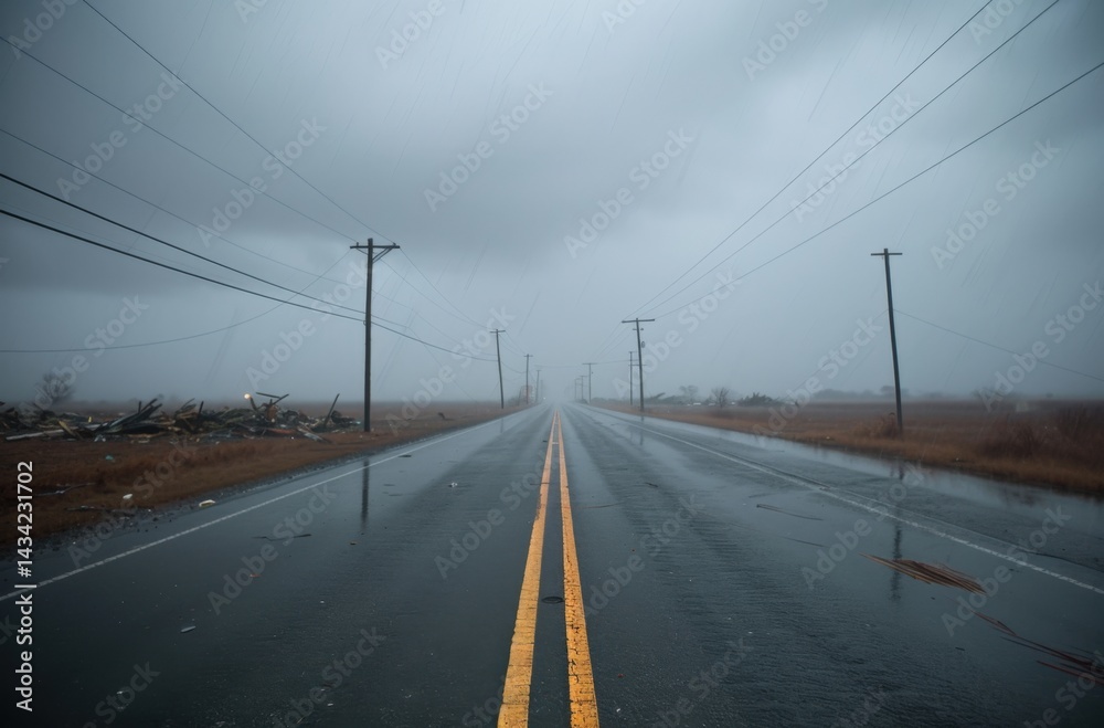 Fototapeta premium A desolate road stretches into the distance under a stormy sky, with rain falling and power lines lining the way, evoking a sense of isolation and foreboding.