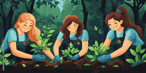 vector group of woman plant trees