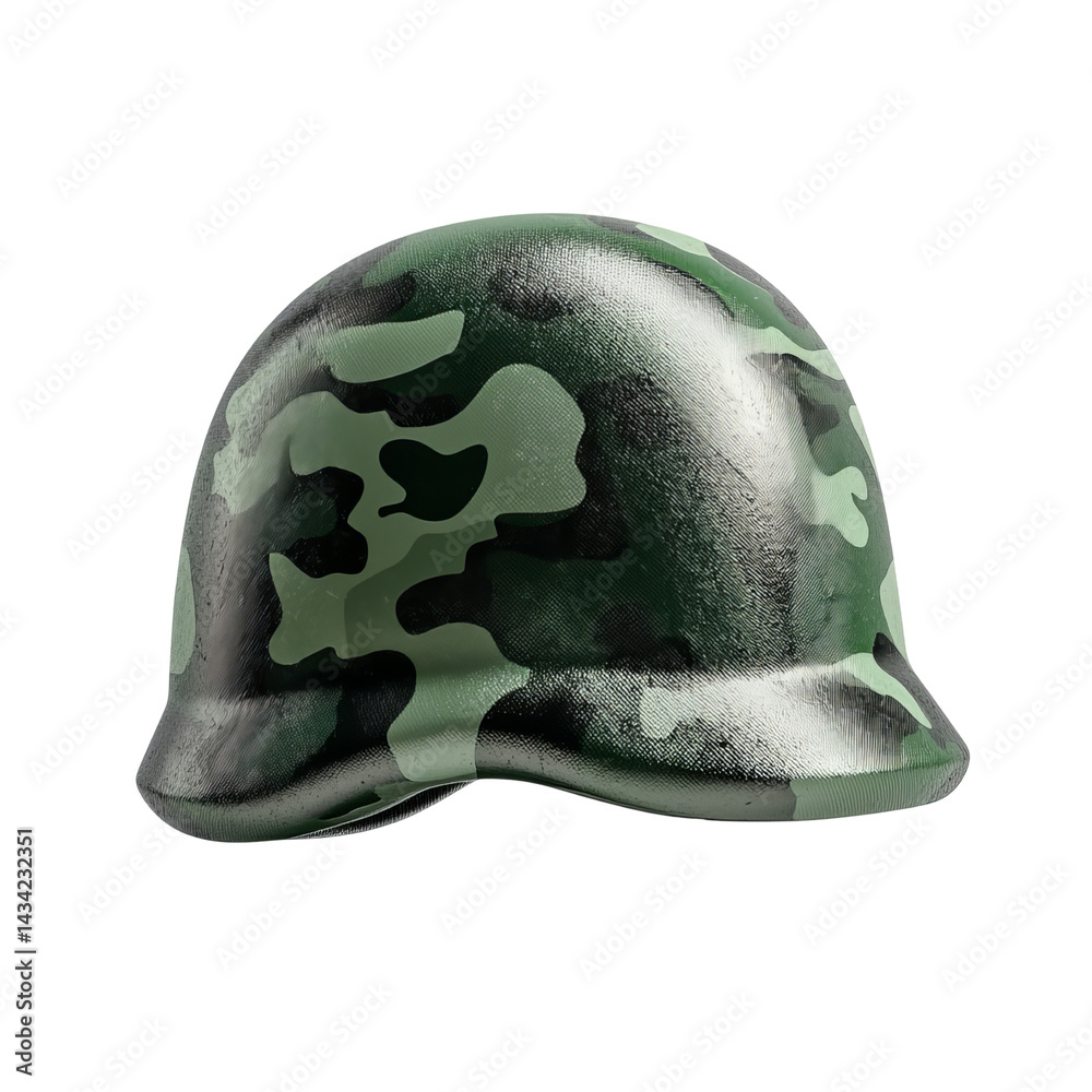 Fototapeta premium Png of A close-up of a green camouflage military helmet, showcasing intricate patterns and textures.