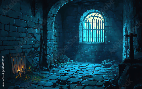 A dimly lit stone dungeon chamber with an arched window and barred gate showing a cool-colored exterior light.