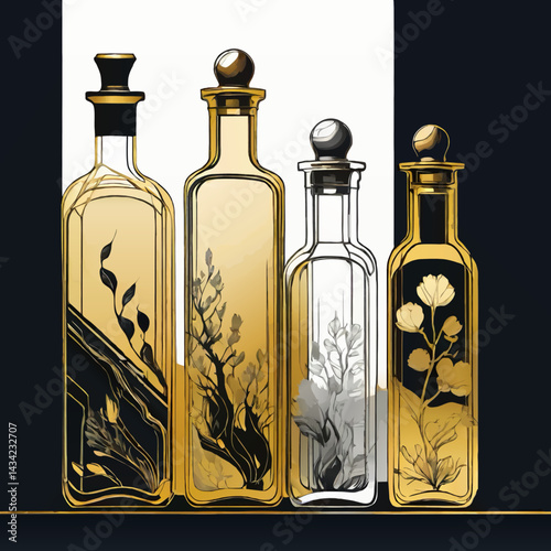 set of decorative olive oil and vinegar bottles, vector illustration