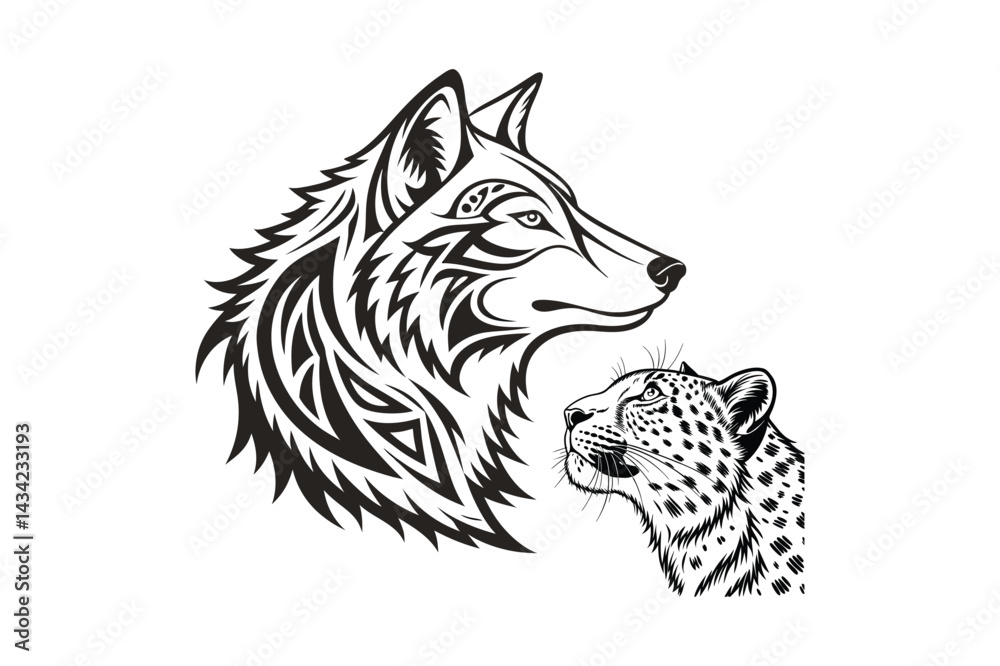 Fototapeta premium A silhouette tiger of a wolf head On white background, A werewolf attacking and angry face tribal tattoo.
