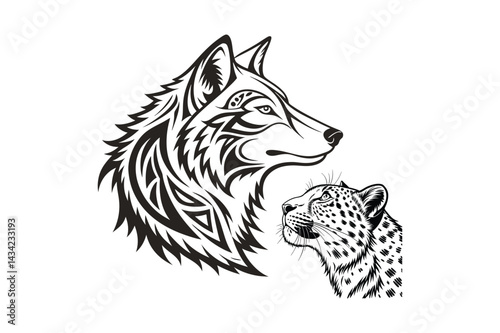 A silhouette tiger of a wolf head On white background, A werewolf attacking and angry face tribal tattoo.