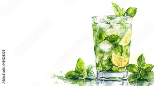 Vibrant mojito glass illustration with fresh mint and lime on a bright background for summer refreshment