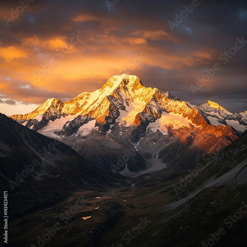 Majestic Mountain Peak at Sunset: A breathtaking view of a majestic snow-capped mountain peak as the sun sets, casting a golden glow over the alpine landscape.
