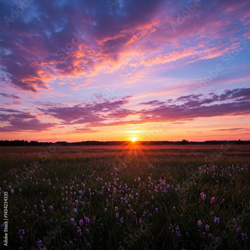 Golden Hour Meadow:  A vibrant and breathtaking golden hour scene unfolds across a picturesque meadow, where a captivating sunset paints the sky in hues of fiery orange, pink, and purple.