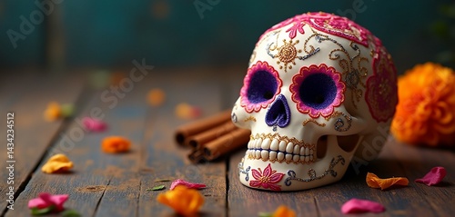 Intricately decorated Mexican sugar skull with neon icing