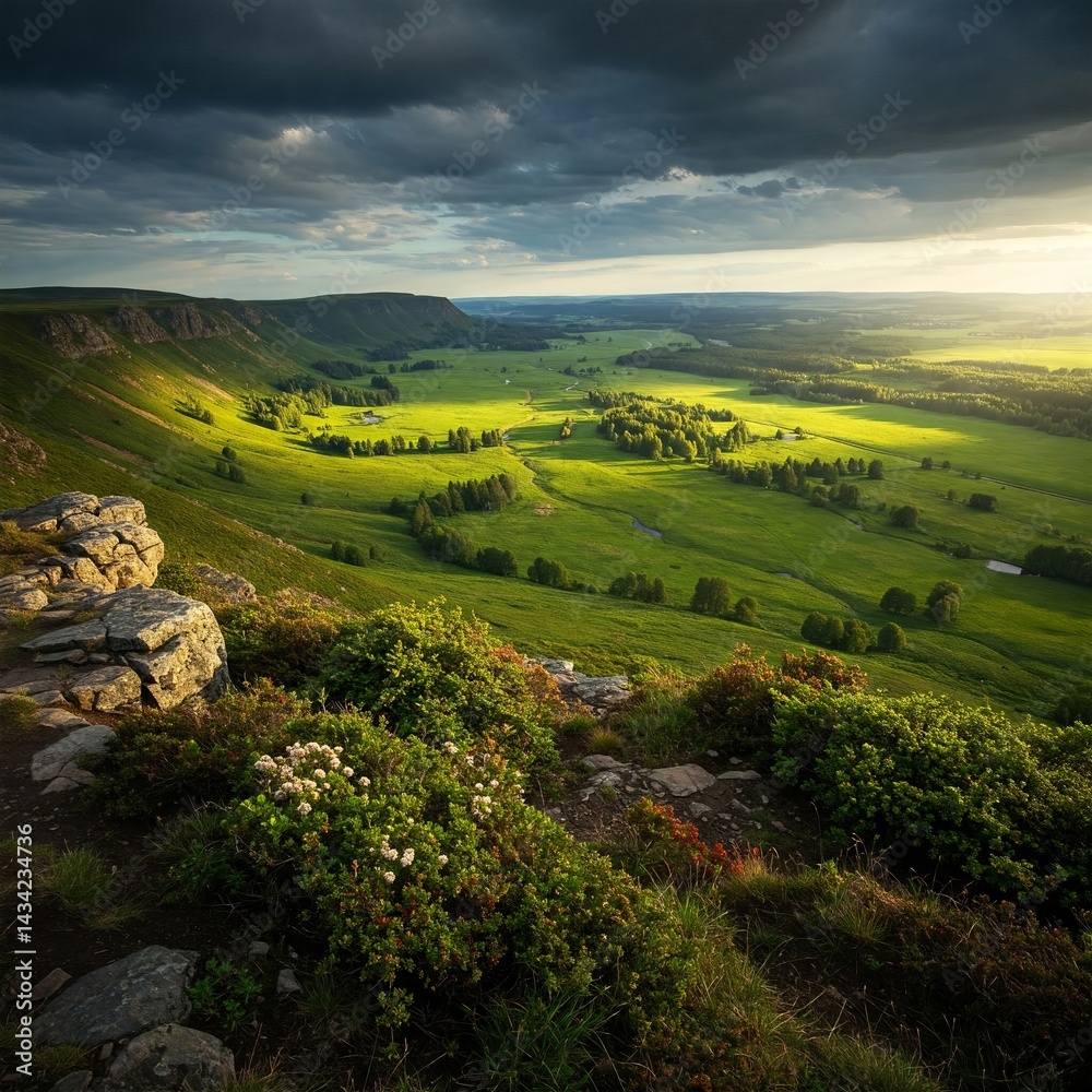 Obraz premium Sunlit Valley Under Dramatic Skies: A stunning panorama reveals a verdant valley bathed in golden light, nestled beneath a dramatic sky teeming with storm clouds.