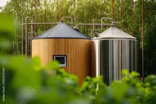 Wide angle shot of a scenic rustic craft brewery nestled in a serene countryside landscape featuring wooden and metal fermentation tanks surrounded by lush foliage and trees