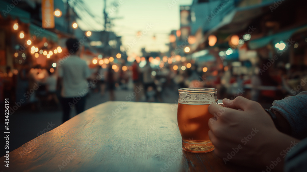 Evening Ambiance Close-Up of Hands Holding a Beer in a Bustling Night Market Evening Ambiance Close-Up of Hands Holding a Beer in a Bustling Night Market