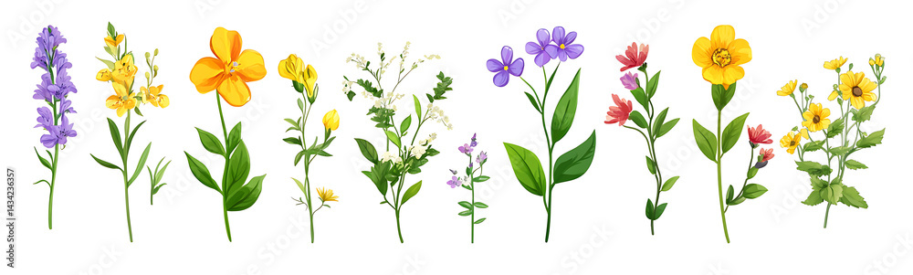 Floral spring elements, a floral clipart set with various flowers and leaves in a flat vector style on a white background. Floral spring elements, a floral clipart set with various flowers and leaves in a flat vector style on a white background.