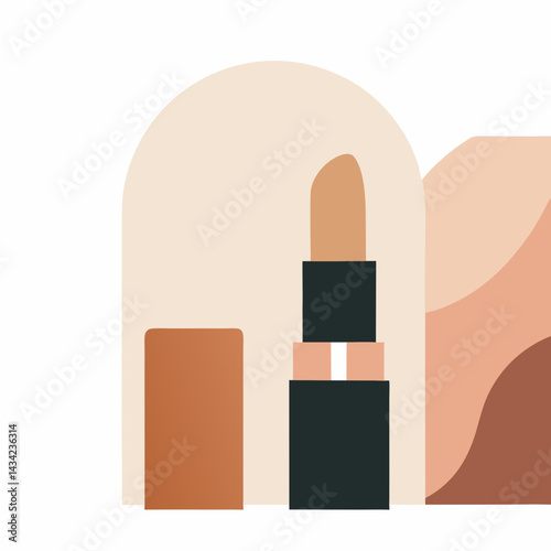 Minimalist illustration of a nude lipstick in abstract neutral background. Elegant flat design for cosmetic branding, beauty blogs, or fashion content.