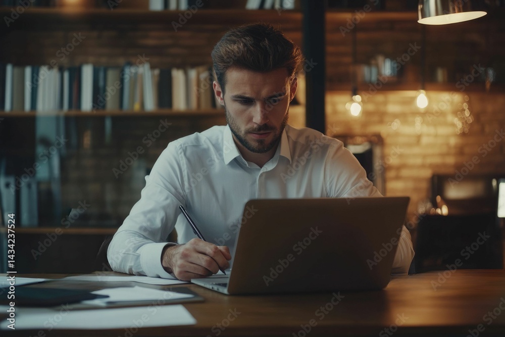 Serious and confident male businessman using laptop computer, taking notes. Work project in modern office. 25 year old male. Finance man working with documents in office. Successful business Serious and confident male businessman using laptop computer, taking notes. Work project in modern office. 25 year old male. Finance man working with documents in office. Successful business