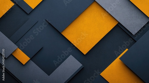 Layered abstract background with cutout geometric shapes in navy blue, mustard yellow, and grey to create bold visual depth