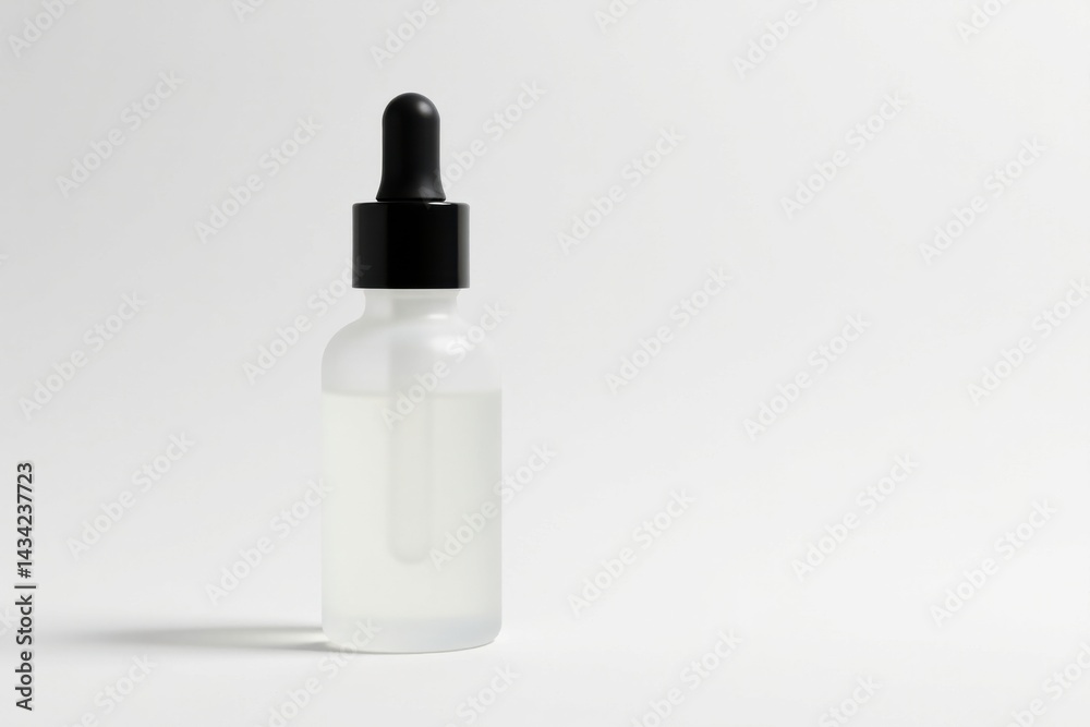 Frosted glass bottle with a dropper, perfect for essential oils or serum, displayed on a bright white background Frosted glass bottle with a dropper, perfect for essential oils or serum, displayed on a bright white background