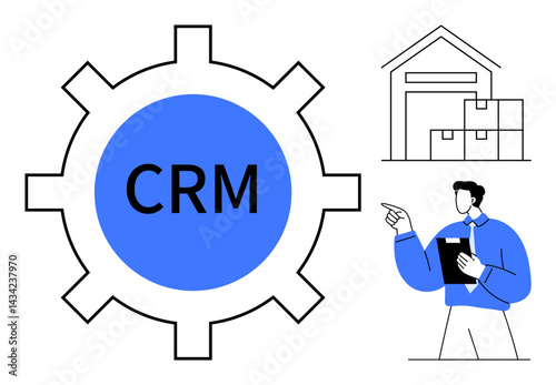 Gear with CRM text, warehouse building with stacked boxes, business professional with clipboard. Ideal for logistics, customer management, organization, process optimization, supply chain