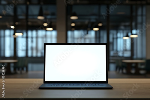 Front view of a laptop with a blank white screen on a wooden table in an office, with a blurred background.