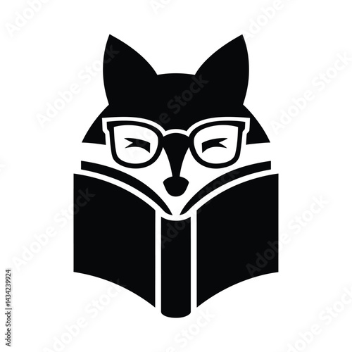 Cute Fox Wearing Glasses Reading a Book, Reading Fox Logo for Kids and Schools
