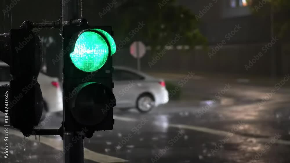 A traffic light changes from red to green during a heavy downpour at night, as blurred cars pass on the wet street. Use for traffic sequences, weather effects, or symbolizing transitions.