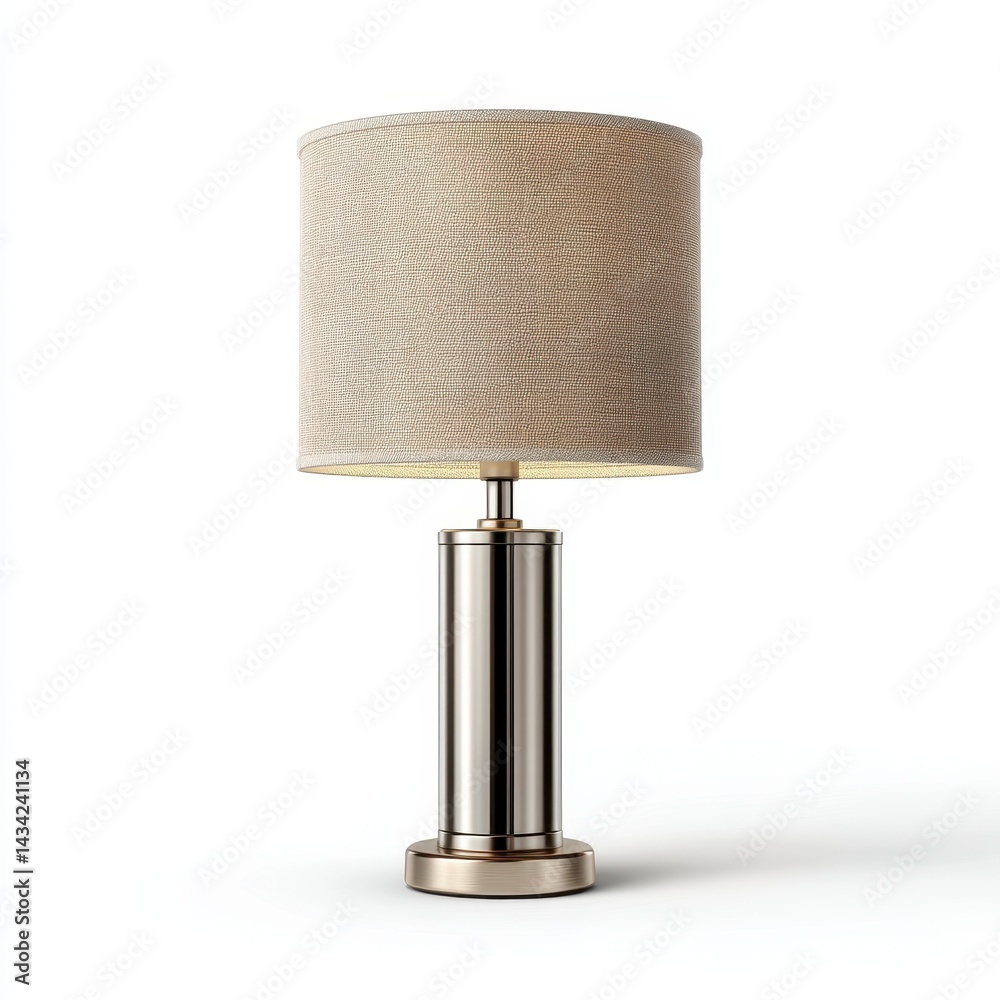 A sleek, modern table lamp with a cylindrical base and a textured beige shade, adding elegance to any interior space. A sleek, modern table lamp with a cylindrical base and a textured beige shade, adding elegance to any interior space.
