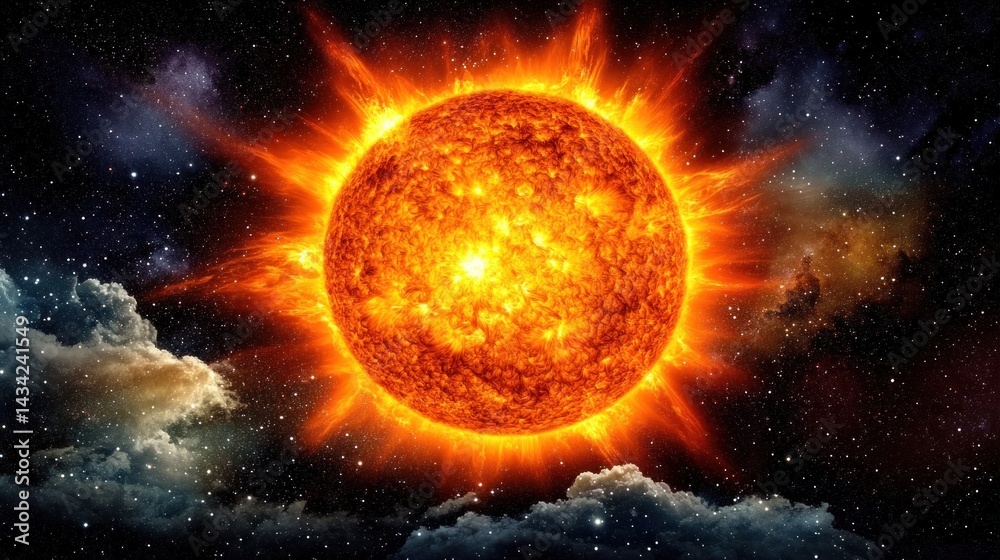 Obraz premium Fiery sun, cosmic clouds, space background; astronomy, science education