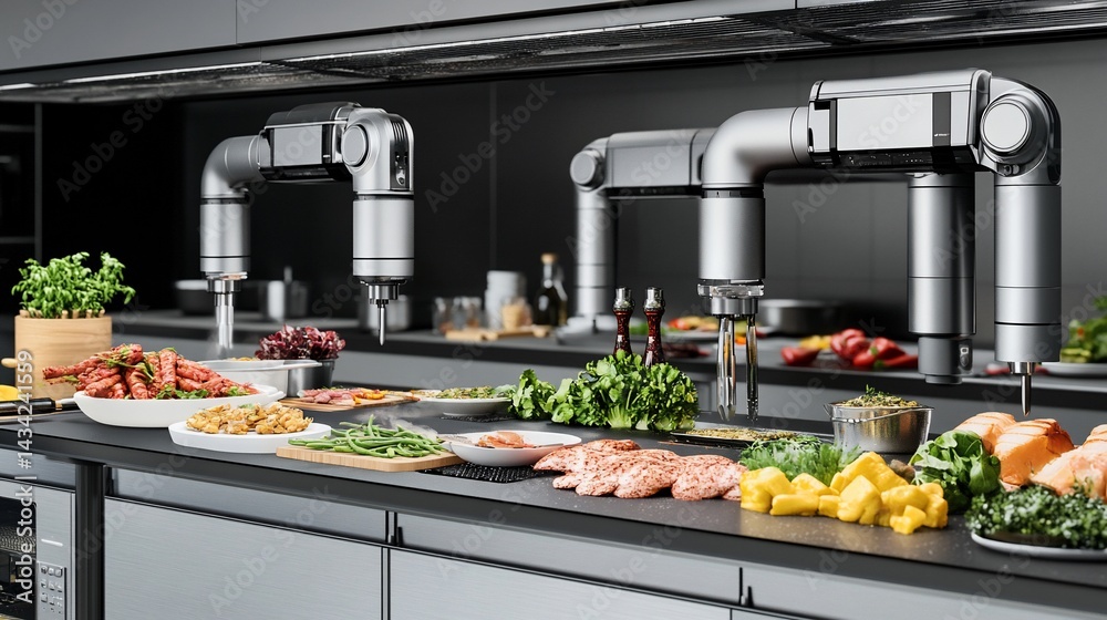 Robotic arms prepare diverse food dishes in a modern kitchen