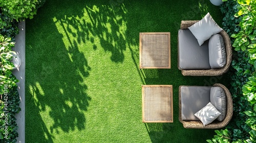 Top-down view of vintage-styled balcony garden with furniture on green artificial turf
