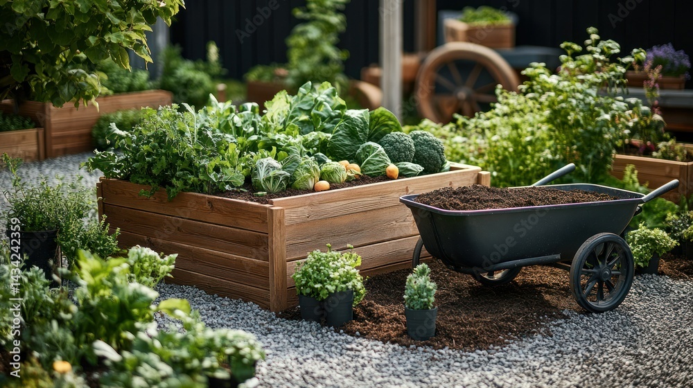 Fototapeta premium Rustic garden beds filled with fresh vegetables