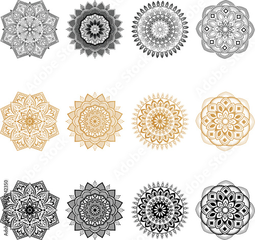 Collection of round geometric sacred and universal symbols representing the Buddhist and Hindu Tantrism. Symmetrical arrangement of vector mandala arts on white background.