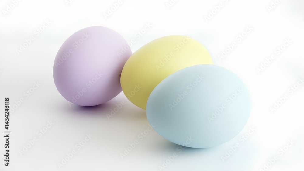 Three Easter eggs in pastel colors (yellow, blue, lilac) on a white background with space for text. Three Easter eggs in pastel colors (yellow, blue, lilac) on a white background with space for text.