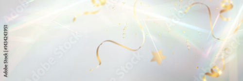 Gold confetti celebration background, festive shiny ribbons and stars, soft light pastel glow.	

