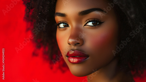 Radiant Beauty: A captivating portrait of a woman with stunning features, enhanced by vibrant makeup and exuding confidence and grace.