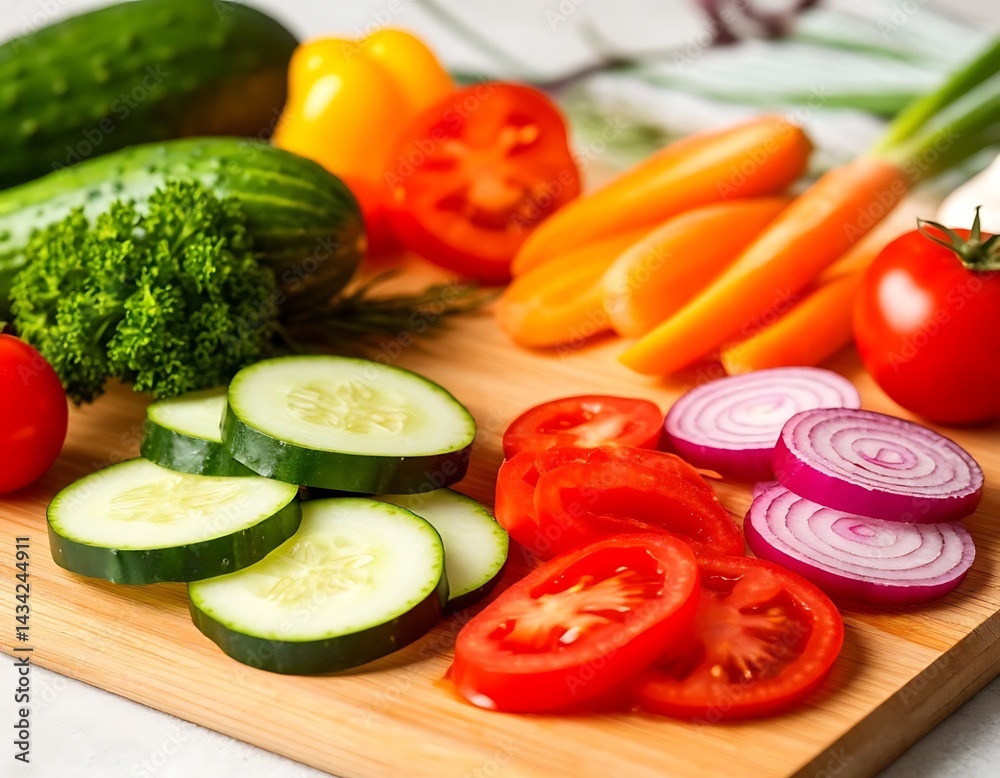 cucumber, tomato, onion, carrot, pepper, vegetables cut into rings on a board with greens close-up of fresh food cucumber, tomato, onion, carrot, pepper, vegetables cut into rings on a board with greens close-up of fresh food