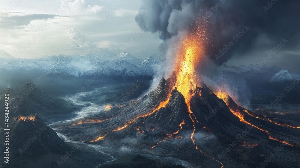 Fototapeta premium Panoramic aerial view of a volcanic eruption generative ai