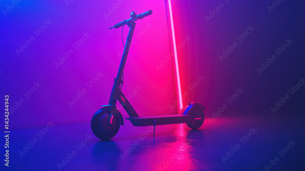 Modern electric scooter with sleek minimalist design illuminated by vivid neon pink and purple lights creating a futuristic urban aesthetic for city transportation Modern electric scooter with sleek minimalist design illuminated by vivid neon pink and purple lights creating a futuristic urban aesthetic for city transportation