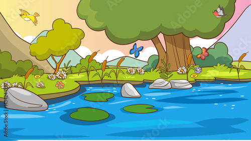 Wild nature landscape with green grass, water, sky and clouds. Panoramic summer view with river, lake, flowers and plants in good warm weather. Colorful flat vector illustration of scenic view
