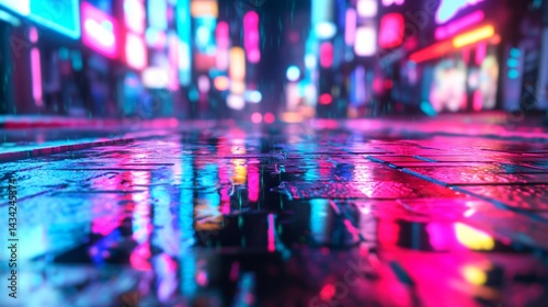 Vibrant urban night scene, glowing neon lights reflecting on wet pavement, dynamic atmosphere, perfect for futuristic themes.