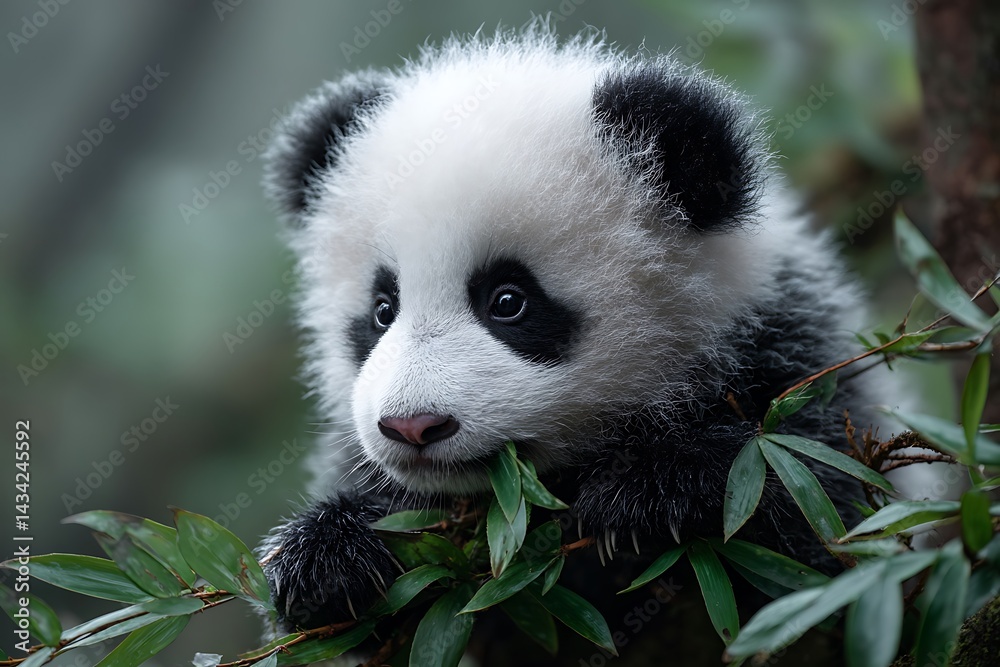 Naklejka premium A cute baby panda eating bamboo in the forest, captured in a soft and adorable scene, showcasing nature's innocence.