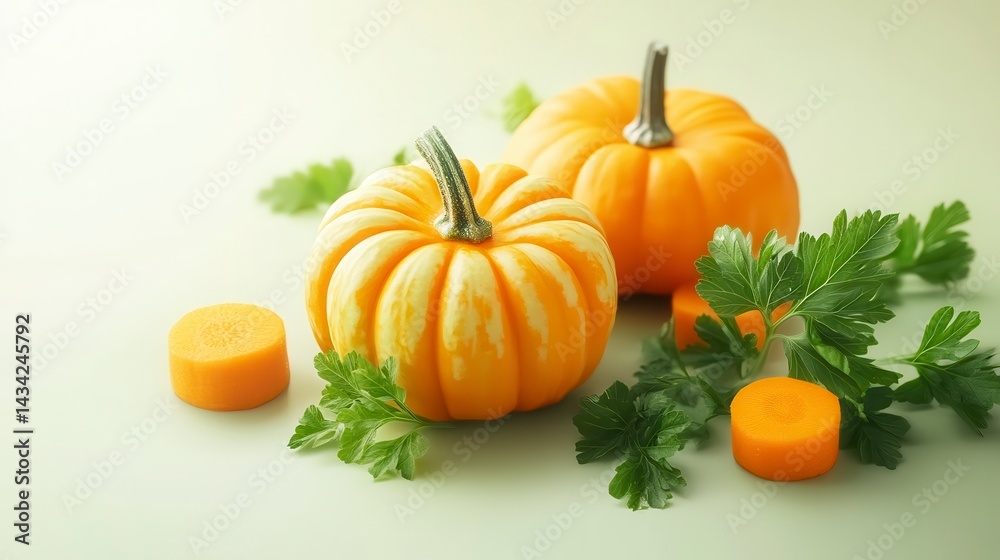 Two small pumpkins with parsley and carrots. Two small pumpkins with parsley and carrots.