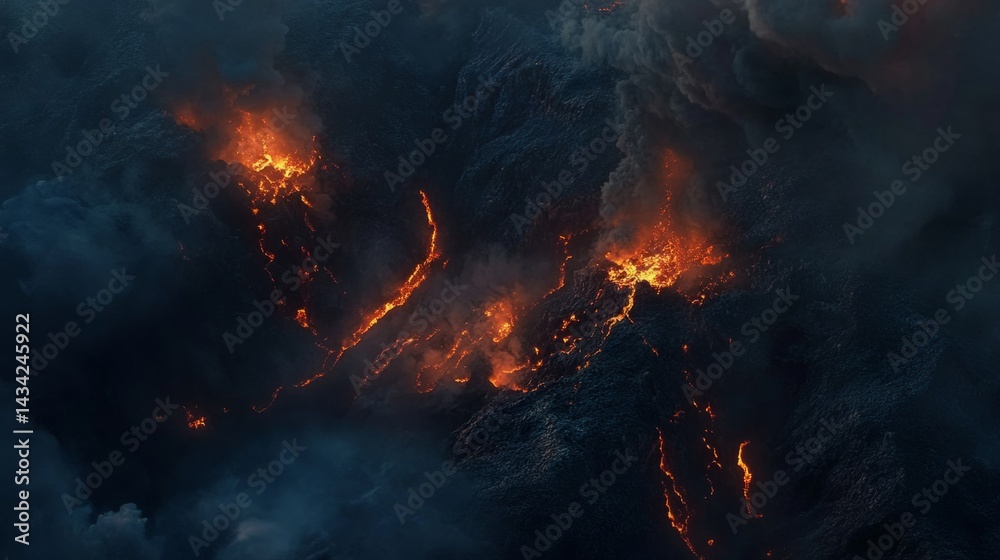 Panoramic aerial view of a volcanic eruption, molten lava flowing down the mountainside, dark smoke rising generative ai Panoramic aerial view of a volcanic eruption, molten lava flowing down the mountainside, dark smoke rising generative ai