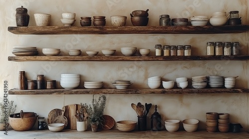 Wallpaper Mural Rustic kitchen shelves displaying handcrafted tableware and spices Torontodigital.ca