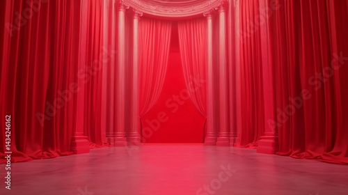Red curtain stage, vibrant red drapes creating a dramatic backdrop, ideal for performances or theatrical events.