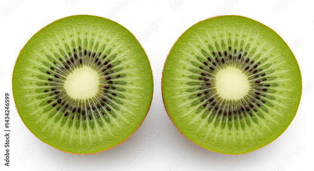 Fototapeta premium Halved kiwi with seeds, isolated on white. Fresh fruit image for health, tropical or nutrition visuals.