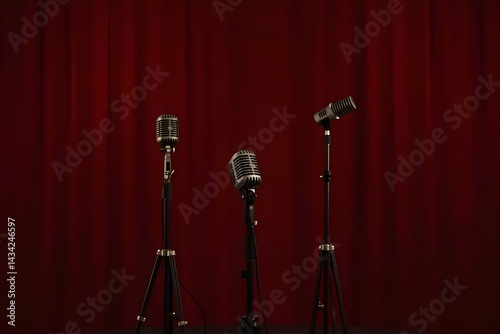 Comedy Night Stage with Vintage Microphone and Curtains