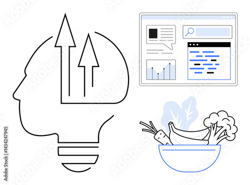 Abstract head with arrows symbolizing growth, research interface with graphs, and bowl of fruits and vegetables. Ideal for innovation, analytics, wellness, self-improvement, productivity, education