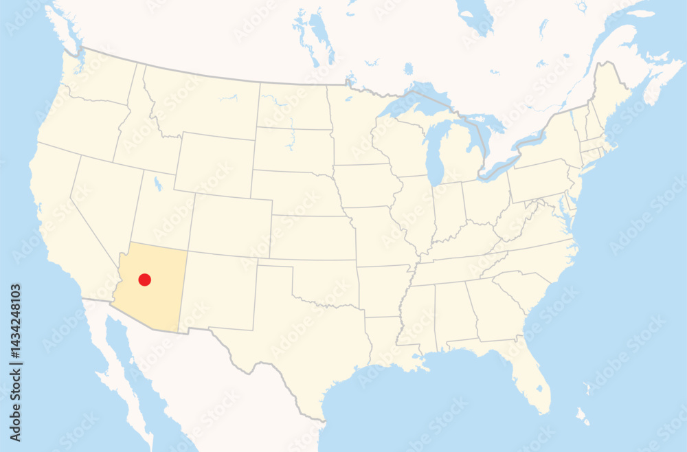 Fototapeta premium Location Map of the city Prescott Valley in Arizona, USA. The state is marked orange and the city is highlighted with a red dot. No labels at all.