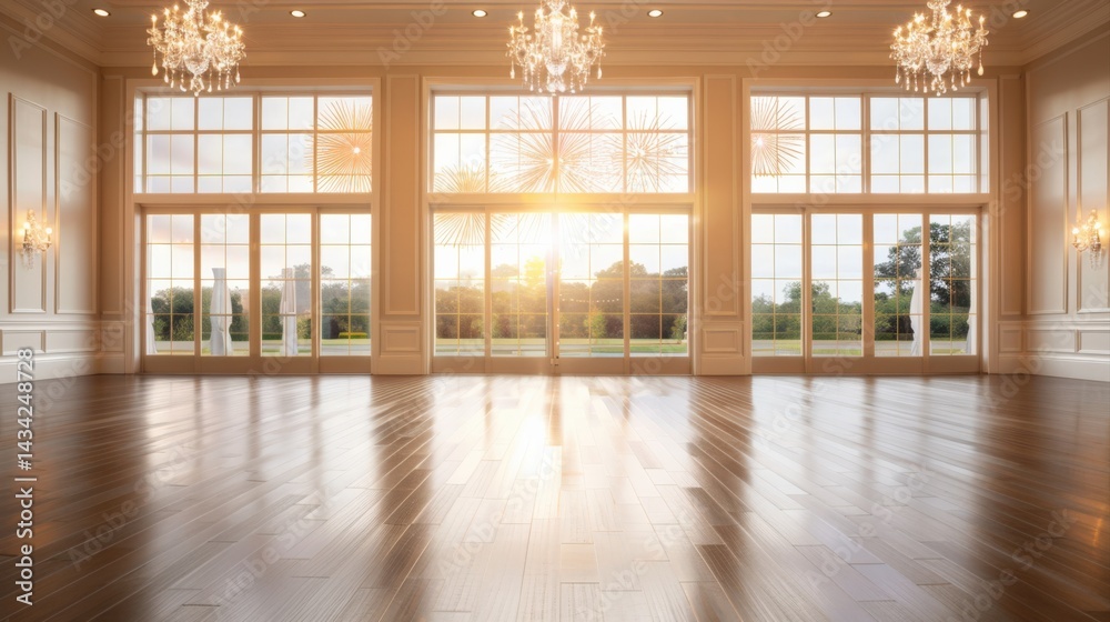Fototapeta premium A bright, elegant room with large windows and chandeliers, showcasing wooden flooring and a stunning view of the outdoors at sunset.