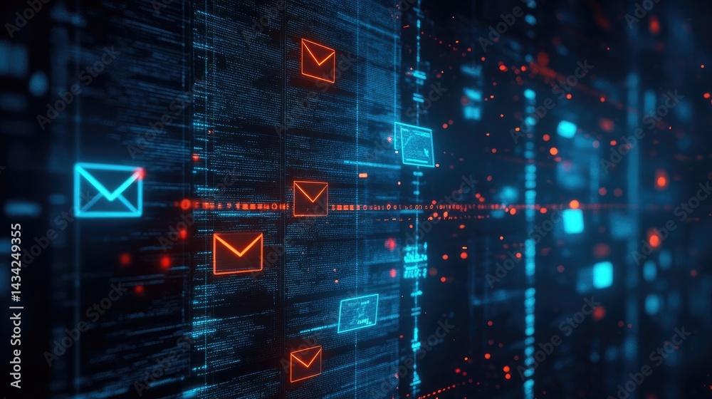 Obraz premium Cybersecurity concept with emails and alerts on a dark background highlighting data security and digital threats